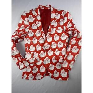 Suslo Couture Blazer Jacket Mens Small Red Santa Print Slim Fit Christmas Party